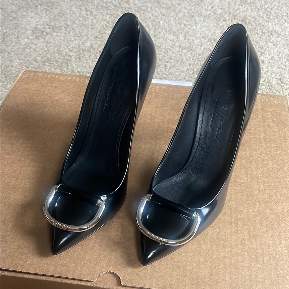 Burberry Black and Silver Patent Leather Stiletto Heels